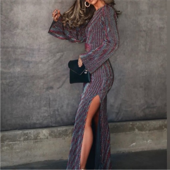 Dee Elly Metallic Stripe Cutout Back Long Bell Sleeve Maxi Dress Multicolor M - Picture 1 of 16